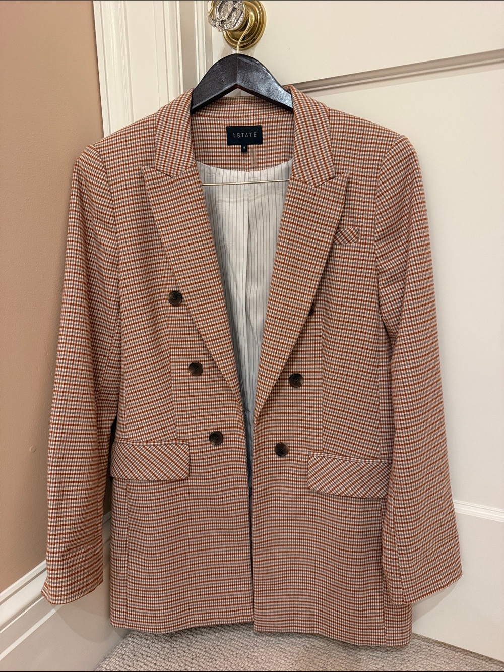 1.STATE Rust, Tan & Cream Checked Double-Breasted Blazer